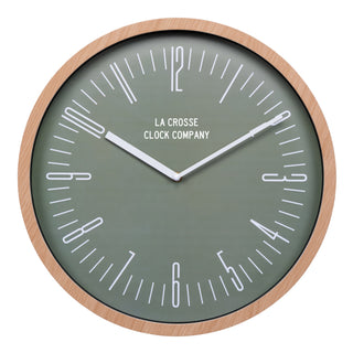 Head-on image of the 404-3041D 16-inch Ellwood Wall Clock, featuring a flush-mount light wood frame, a sage green dial, modern white numbers, and white metal hour and minute hands.
