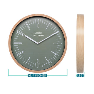 Dimension image of the 404-3041D 16-inch Ellwood Wall Clock, featuring a flush-mount light wood frame, a sage green dial, modern white numbers, and white metal hour and minute hands. The diameter is 16.14 inches, and the depth is 1.85 inches.