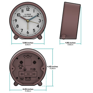Orthographic dimension image in inches and centimeters of the 617-3816A Analog Quartz Alarm Clock featuring a maroon case and a white dial with black numbers, a maroon hour hand, a blue minute hand, and brass second hand and alarm indicator. The clock measures in 4.45 inches in diameter and is 1.95 inches deep.