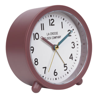 Right-facing image of the 617-3816A Analog Quartz Alarm Clock features a maroon case and a white dial with black numbers, a maroon hour hand, a blue minute hand, and brass second hand and alarm indicator.