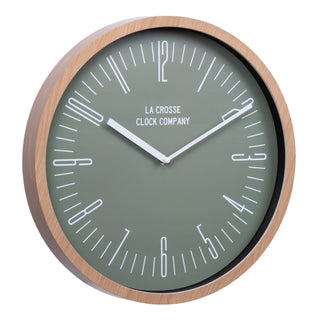 Right-facing image of the 404-3041D 16-inch Ellwood Wall Clock, featuring a flush-mount light wood frame, a sage green dial, modern white numbers, and white metal hour and minute hands.