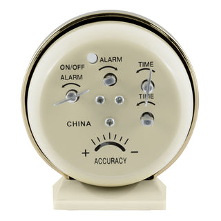 Back image of the 12020 Analog Keywind Alarm Clock showing the keywind function, on/off alarm knob, alarm set knob, and time set knob