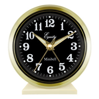 Head-on image of the 12020 Analog Keywind Alarm Clock featuring a brass case, black dial with white numbers, and brass hands.