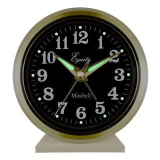 Head-on image of the 12020 Analog Keywind Alarm Clock featuring a brass case, black dial with white numbers, and brass hands shown with luminous hands and hour dots.
