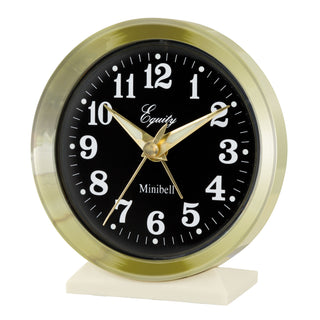 Left-facing image of the 12020 Analog Keywind Alarm Clock featuring a brass case, black dial with white numbers, and brass hands.