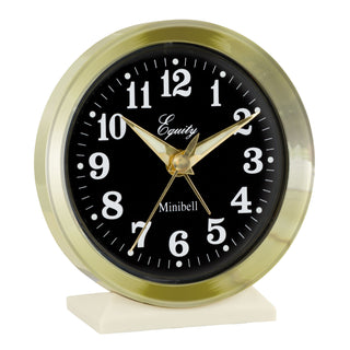 Right-facing image of the 12020 Analog Keywind Alarm Clock featuring a brass case, black dial with white numbers, and brass hands.