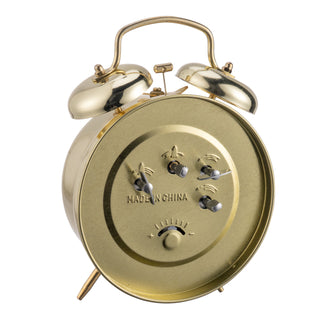 Angled back image of the 13012 Metal Key Wind Alarm Clock - Gold showing the keywind function, on/off alarm key, alarm set knob, and time set knob
