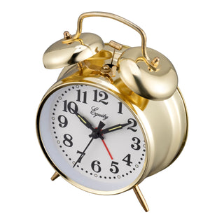 Angled top-down view highlighting the twin bell detail of the 13012 Metal Key Wind Alarm Clock - Gold, the classic twin-bell alarm clock features a polished gold finish metal body, white clock face, black numerals and hands, and a red second hand. The brand name 'Equity' is printed on the face.