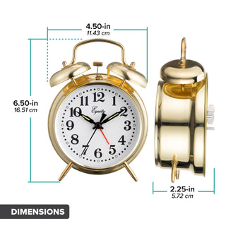 Dimension image of the 13012 Metal Key Wind Alarm Clock - Gold, a classic twin-bell alarm clock with a polished gold-colored metal body, white clock face, black numerals and hands, and a red second hand. The alarm measures 6.5 in tall, has a width of 4.5 in, and id 2.25 in deep.