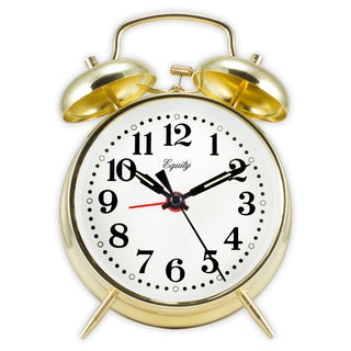 A classic twin-bell alarm clock with a polished gold-colored metal body, white clock face, black numerals and hands, and a red second hand. The brand name 'Equity' is printed on the face.
