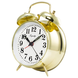 A classic twin-bell alarm clock with a polished gold metallic body, white clock face, black numerals and hands, and a small red second hand. The brand name 'Equity' is printed on the face.