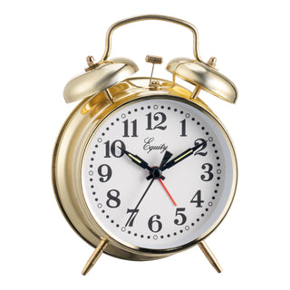Right-facing image of the 13012 Metal Key Wind Alarm Clock - Gold, the classic twin-bell alarm clock features a polished gold finish metal body, white clock face, black numerals and hands, and a red second hand. The brand name 'Equity' is printed on the face.