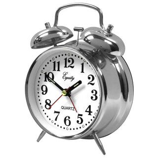 A classic silver metal twin-bell alarm clock with a white face, black Arabic numerals, black hands, and a red second hand. The brand name 'Equity' is printed on the face.