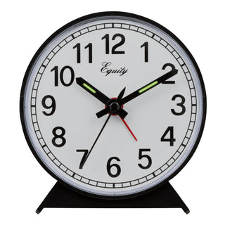 A round analog desk clock with a black frame and stand, featuring a white face, black numerals, black hands, and green and red accent indices. The brand name 'Equity' is printed in script on the clock face.
