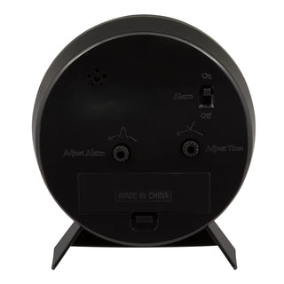 Back image of the 14077 Quartz Analog Alarm Clock showing the battery compartment, the quartz movement, the time set knob, the alarm set knob, and the alarm on/off switch.
