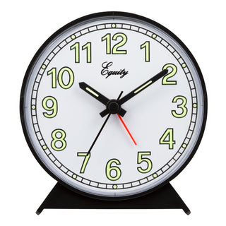 A round analog desk clock with a black frame and stand, featuring a white face, lime green numerals and hands, and a red second hand. The brand name 'Equity' is printed on the clock face.
