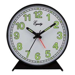 A round table clock with a black frame and stand, featuring a white face, bright green numerals and hands, and a red second hand. The brand name 'Equity' is printed on the clock face.
