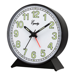A round desk clock with a black metal base and frame, a white face, lime green numerals and hands, and a red second hand. The brand name 'Equity' is printed on the face.