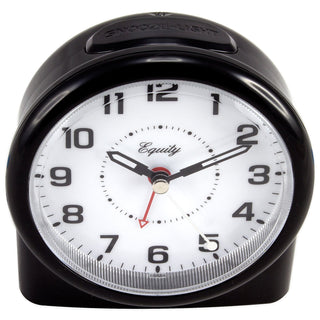 A black Snoopy-Light alarm clock with a white face, black numerals, black hands, and a red second hand. The word 'Equity' is printed near the center.