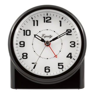 A black round desk clock with a white face, black numerals, black hands, and a red second hand. The brand name 'Equity' is printed in script on the clock face.