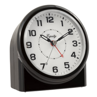 A black plastic desktop clock with a white dial face, black numerals, black hands, and red accent seconds hands. The brand name 'Equity' is printed on the dial.