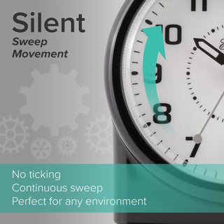 Close-up of a clock face with text reading 'Silent Sweep Movement' and 'No ticking Continuous sweep Perfect for any environment.' A teal arrow graphic illustrates the sweep motion.