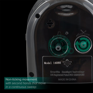 Close-up of the back of a Smartlife backlight technology device, showing control dials and text including 'Model 14080' and 'MADE IN CHINA' on a black background with a feature callout in the lower left.