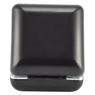 A small square black hard case with rounded corners and a silver metal hinge, shown closed on a plain white background.