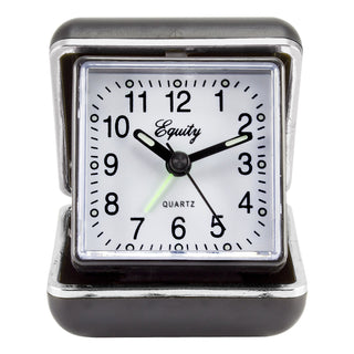 20080 A classic square desk clock with a glossy black body, chrome trim, and a white face featuring black Arabic numerals and hands. The brand name 'Equity' is printed in script on the clock face.