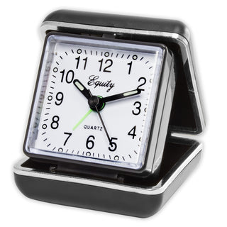 A black and silver desk clock with a white face and black numerals, branded with 'Equity' in cursive script. The clock is shown open against a plain white background.