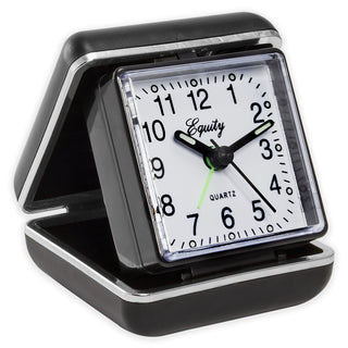 A black clock with a Clear protective cover over a white face. The clock features black Arabic numerals, black hands, a green second hand, and the brand name 'Equity' printed on the dial.