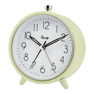 A retro-style round alarm clock with a pale yellow-green body, white face, black numerals and hands, and a silver top button, shown on a plain white background.