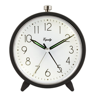 20091 A classic twin-bell alarm clock with a black metal frame, white dial, black numerals, and green-and-black hands. The brand name 'Equity' is printed on the face.