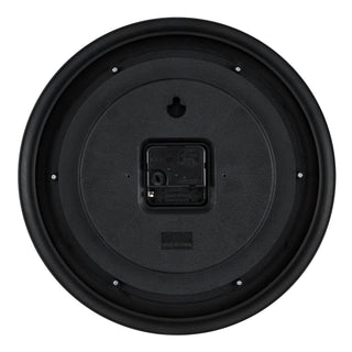 Back image of the 20898 Cora 12-inch Wall Clock showing the battery compartment, quartz movement, and hanging hole