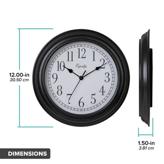 Dimension image of the 20898 Cora 12-inch Wall Clock shown headon featuring a classic dial, black numbers, seconds indicator ring, and in profile highlighting the oil-rubbed bronze frame. The image has dimensions in inches and centimeters, the clock measures 12 inches in diameter and is 1.5 inches in depth.