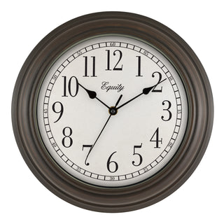 Head-on image of the 20898 Cora 12-inch Wall Clock featuring a classic dial, black numbers, seconds indicator ring, and an oil-rubbed bronze frame