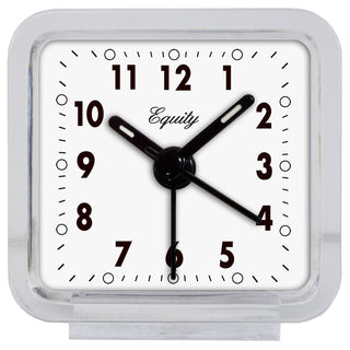 Square analog clock with 'Equity' branding on a white background
