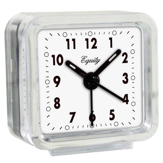 A square analog desk clock with a clear acrylic outer casing, a white face, and black numerals, hands, and the Equity brand name.