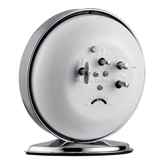 Angled back image of the 24014 Analog Wind-Up Loud Bell Alarm Clock showing the chrome metal case with the white back highlighting the keywind mechanisms, the time setting knob, the alarm setting knob, and the alarm on off switch.