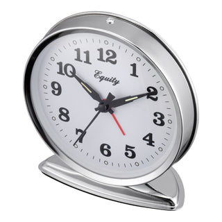 Top down view of the 24014 Analog Wind-Up Loud Bell Alarm Clock featuring a chrome case with a white dial, black numbers and hands, luminous hour and minute hands, luminous hour dots, and a red alarm indicator. The clock face features the 'Equity' brand logo printed in black script.
