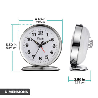 Dimension image in inches and centimeters of the 24014 Analog Wind-Up Loud Bell Alarm Clock measuring 4.4 inches in diameter, 5.5 inches tall with the base, and 2.5 inches in depth. The alarm clock features a chrome case with a white dial, black numbers and hands, luminous hour and minute hands, luminous hour dots, and a red alarm indicator. The 'Equity' brand logo is printed in black script on the clock face.