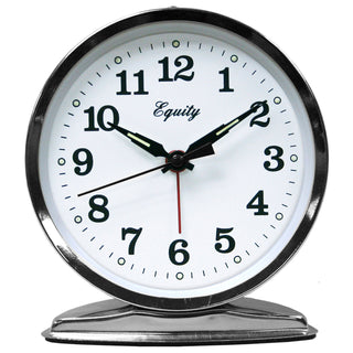 A round analog desk clock with a polished silver metal frame and base, featuring a white face, black numerals, black hands, and a red second hand. The brand name 'Equity' is printed in black script on the clock face.