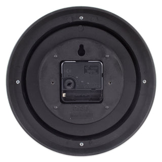 Back image of the 25016 8-inch Basic Wall Clock by Equity - Lime Green, showing the battery compartment, the quartz movement, and the hanging hole.