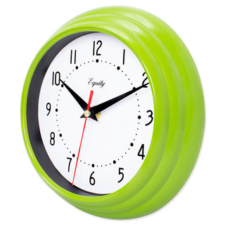 Left-facing image of the 25016 8-inch Basic Wall Clock by Equity - Lime Green. The clock features a fluted lime green frame, a white dial, black numbers, black hour and minute hands, and a red second hand.