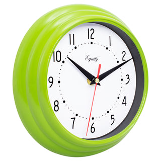 Right-facing image of the 25016 8-inch Basic Wall Clock by Equity - Lime Green. The clock features a fluted lime green frame, a white dial, black numbers, black hour and minute hands, and a red second hand.