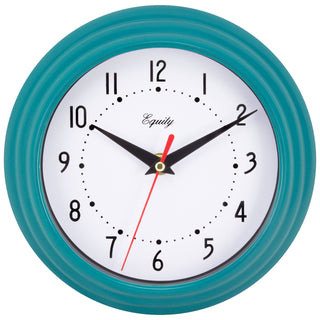 Head-on image of the 25020 8-inch Basic Wall Clock by Equity - Teal Blue. The clock features a fluted teal blue frame, a white dial, black numbers, black hour and minute hands, and a red second hand.