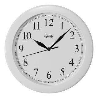 A white round wall clock with black numerals, black hands, and the brand name 'Equity' printed on the face, shown against a plain white background.