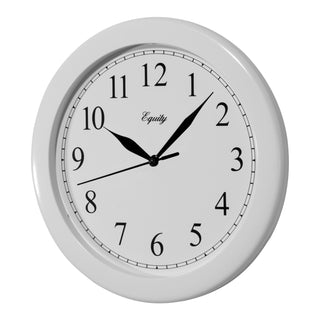 Left-facing image of the 25201 10-inch Basics Wall Clock - White. The clock features a white frame with a white dial, black numbers, and black metal hands.