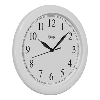 Right-facing image of the 25201 10-inch Basics Wall Clock - White. The clock features a white frame with a white dial, black numbers, and black metal hands.