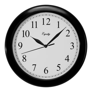 A round wall clock with a glossy black frame and a white face, featuring black Arabic numerals and black hands. The brand name 'Equity' is printed in script on the clock face.